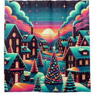 Rideaux De Douche "Village de Noël Whimsical Neon"