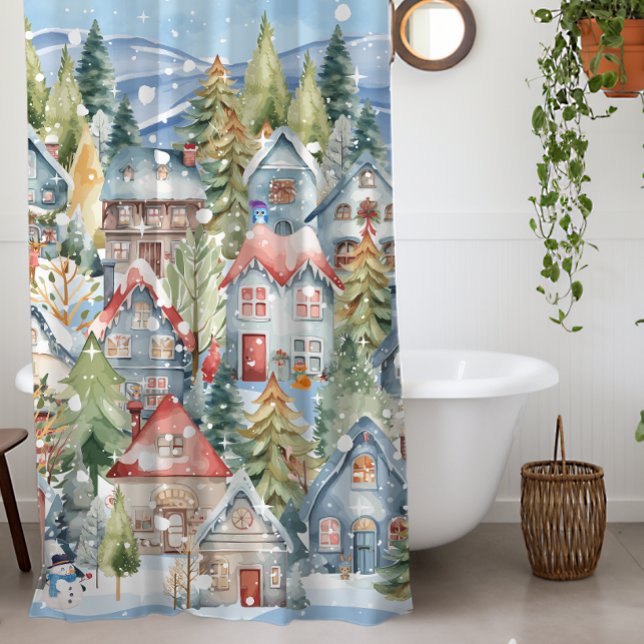 Rideaux De Douche Village d'hiver Blue Mountain Snowy (Elegant)