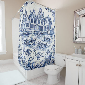 Rideaux De Douche Ville de Delft & Port de Pêche Bleu Cobalt Blanc