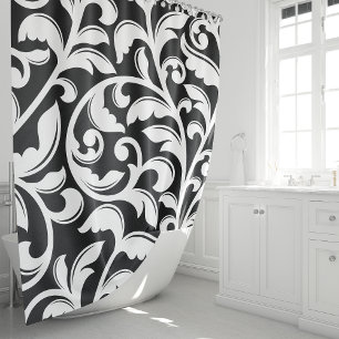 Rideaux De Douche Vin floral noir et blanc Damas