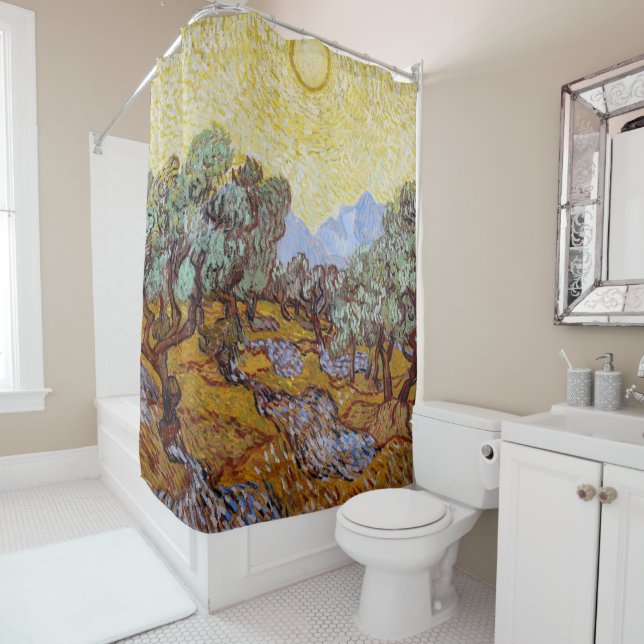 Rideaux De Douche Vincent van Gogh - Oliviers, Ciel Jaune et Soleil (En situation)