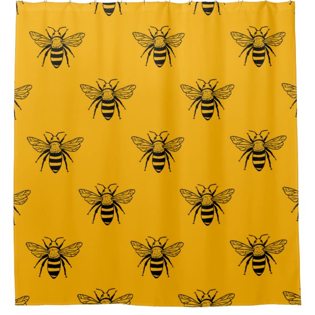 Rideaux De Douche Vintage Bee Motif, Jaune Noir. (Devant)