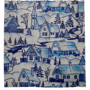 Rideaux De Douche Vintage Blue Christmas Village