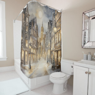 Rideaux De Douche Vintage centre-ville nuit hiver neige chute d'or N