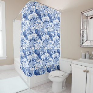 Rideaux De Douche Vintage Chinoiserie Bleu Blanc Floral Peacocks