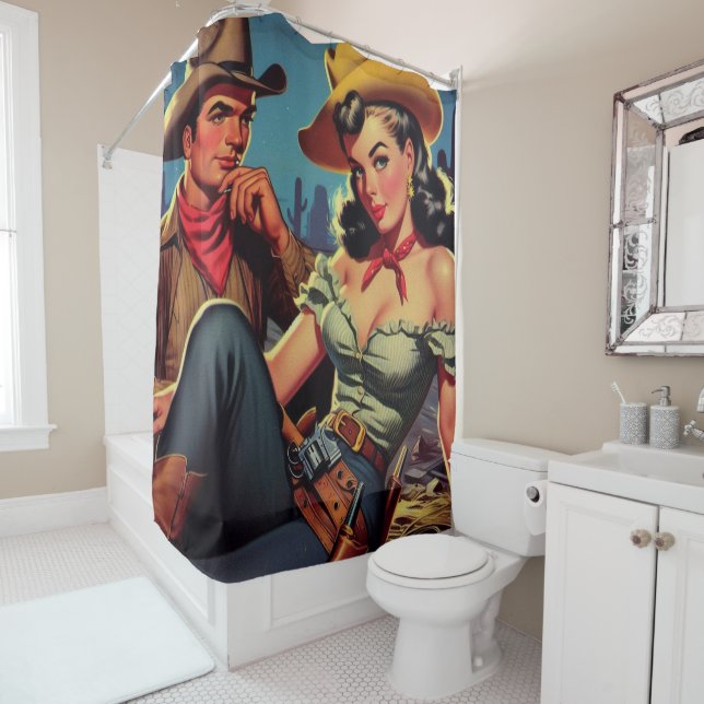 Rideaux De Douche Vintage Cowboy et Cowgirl (En situation)