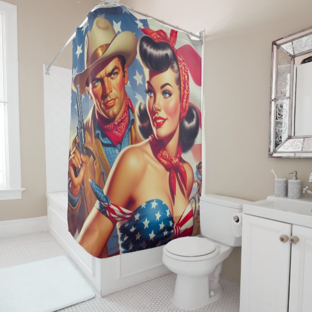 Rideaux De Douche Vintage Cowboy et Pin Up (En situation)