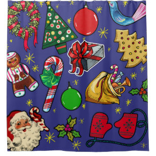 Rideaux De Douche Vintage de Noël rétro couleur bleu rouge vert