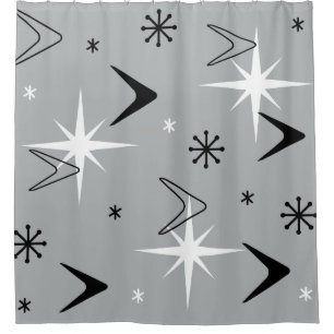 Rideaux De Douche Vintage des années 1950 Boomerangs and Stars Grey