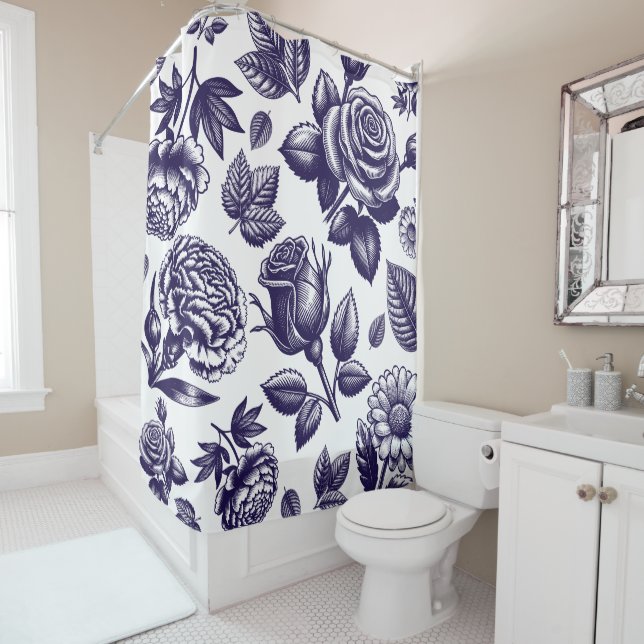 Rideaux De Douche Vintage floral bleu marine (En situation)