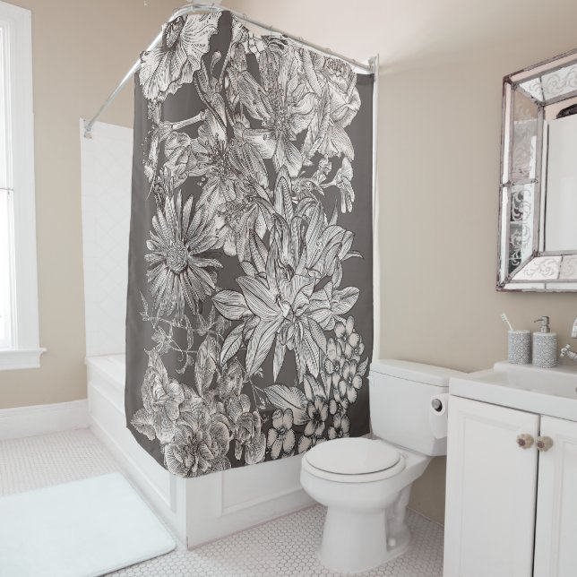 Rideaux De Douche Vintage Floral Moderne Gris ivoire Botanique Rusti (En situation)