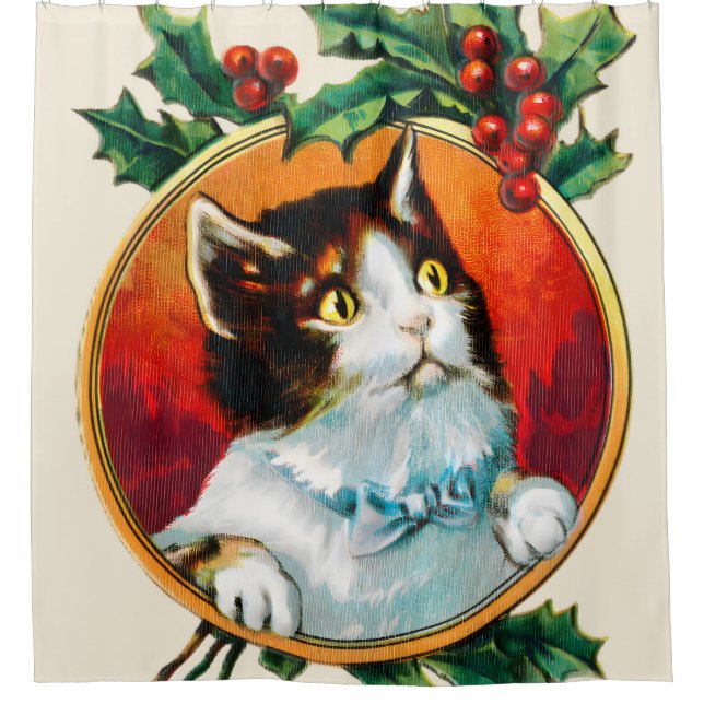 Rideaux De Douche Vintage holly cute cat christmas (Devant)