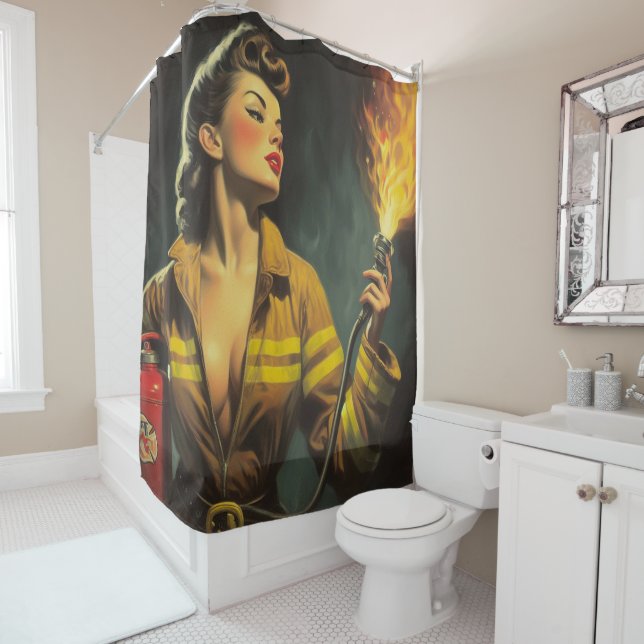 Rideaux De Douche Vintage pompier vers le haut (En situation)