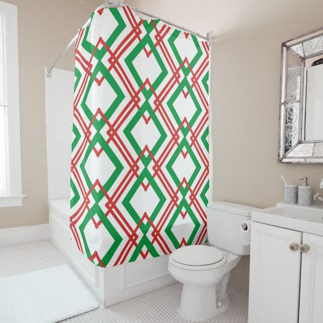 Rideaux De Douche Vintage rayé rouge et vert (En situation)