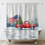 Rideaux De Douche Vintage Red Christmas Truck Arbre de Noël<br><div class="desc">Camion de Noël rouge vintage avec sapin de Noël et rideau de douche de Noël drapeau américain est une façon festive de montrer votre amour pour l'Amérique et de célébrer les fêtes.</div>