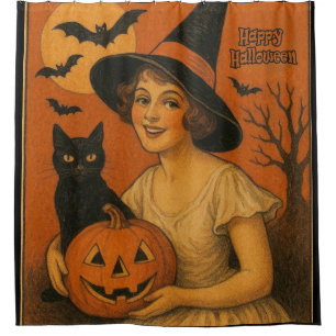 Rideaux De Douche Vintage/rétro Happy Halloween sorcière, chat, citr