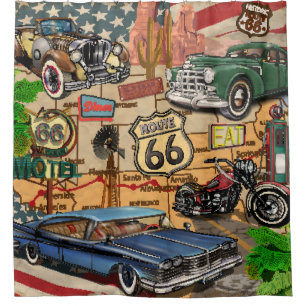 Rideaux De Douche Vintage Route 66, affiche nostalgique.