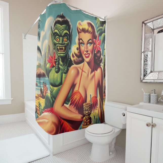 Rideaux De Douche Vintage Tiki vers le haut (En situation)