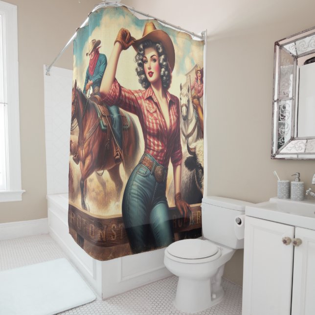 Rideaux De Douche Vintage Western Cowgirl (En situation)