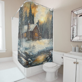 Rideaux De Douche Vintage Winter Snow Cottage Shower Curtain