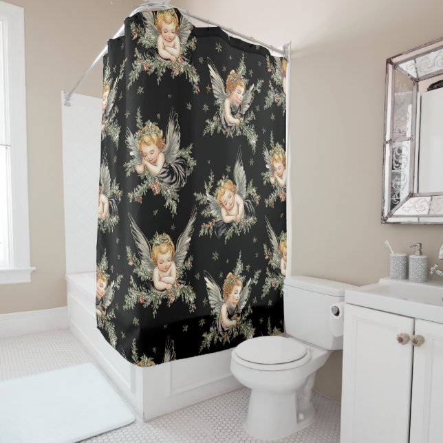 Rideaux De Douche Vintages anges motif noir (En situation)