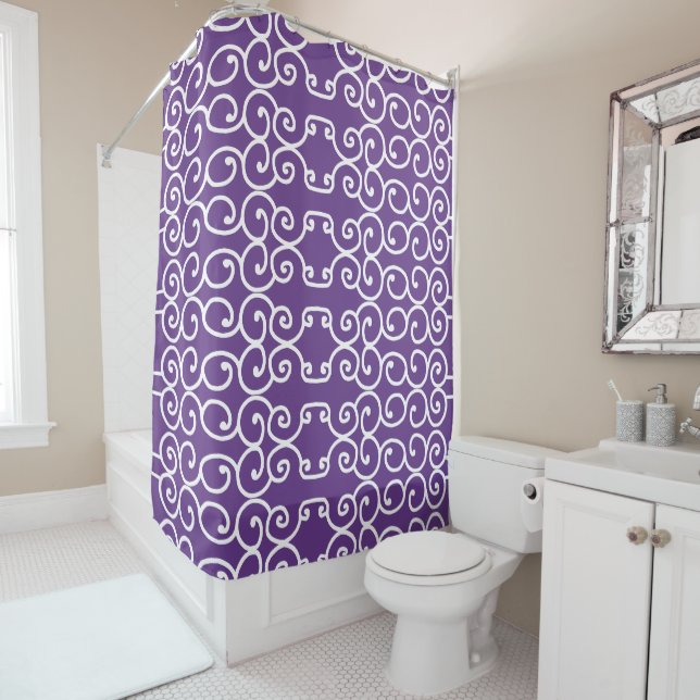 Rideaux De Douche Violet avec rouleaux blancs (En situation)