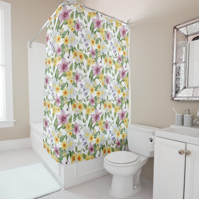 Rideaux De Douche Violet Jaune Blanc Vert Floral Boho Chic  (En situation)