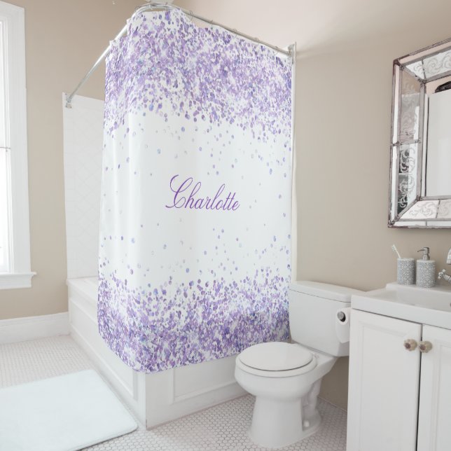 Rideaux De Douche Violet lavande blanc confetti nom élégant (En situation)