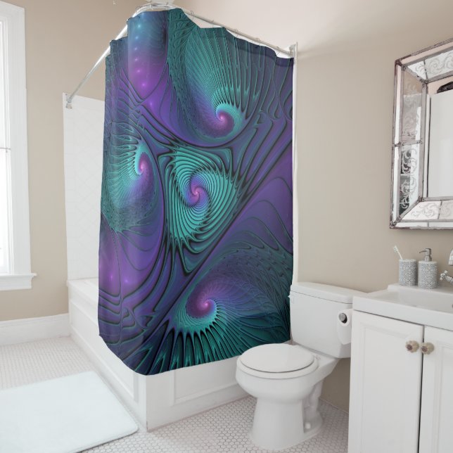 Rideaux De Douche Violet rencontre Turquoise moderne art fractal abs (En situation)