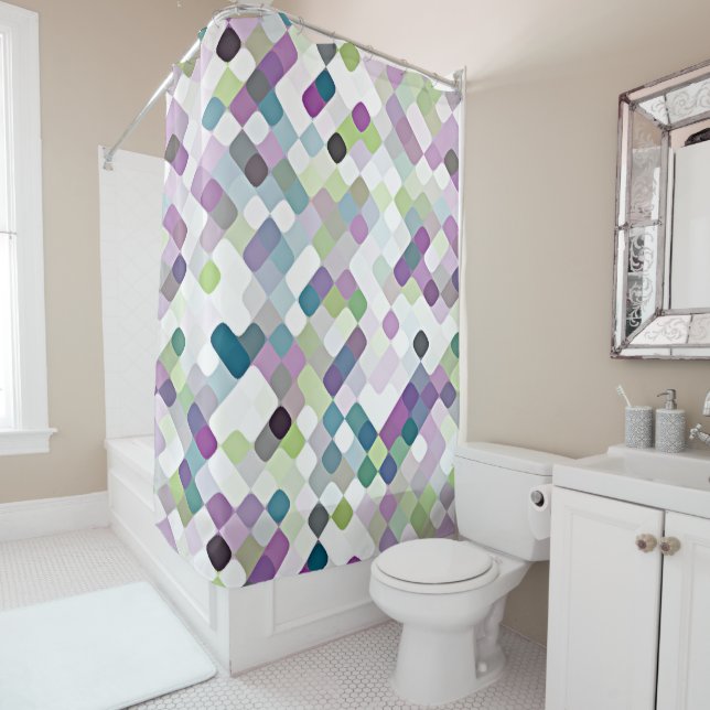 Rideaux De Douche Violet Violet Lime Vert Art Retro Carrés Ronds (En situation)