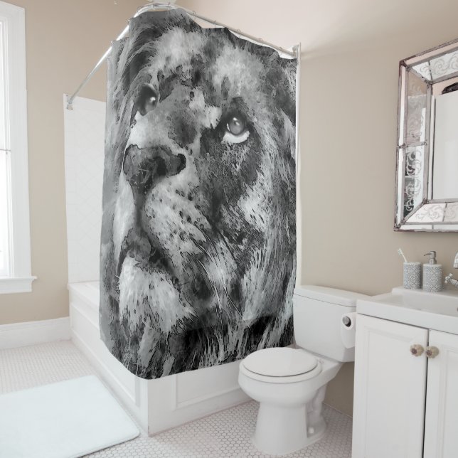 Rideaux De Douche Visage de lion placide argenté (En situation)