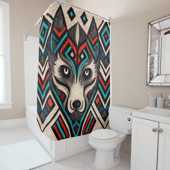 Rideaux De Douche Visage de loup aztèque (En situation)