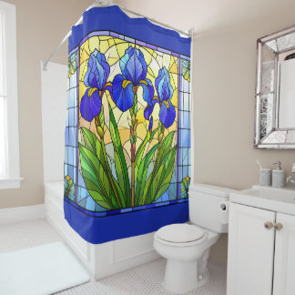 Rideaux De Douche Vitrail Floral Iris Bleu Artistique