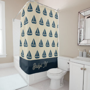 Rideaux De Douche voilier bleu marine & Monogram Beige Maison côtièr