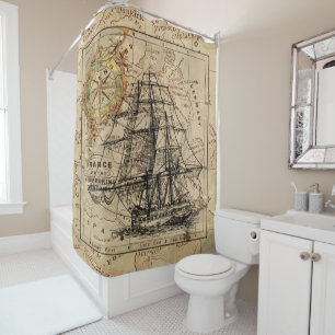Rideaux De Douche Voilier vintage et vieille carte européenne