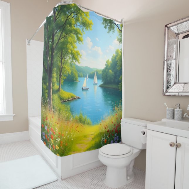 Rideaux De Douche Voiliers sur un beau lac  (En situation)