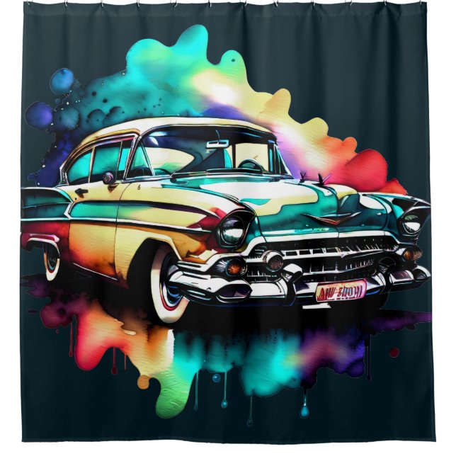 Rideaux De Douche Voiture Vintage Peinture Aquarelle (Devant)