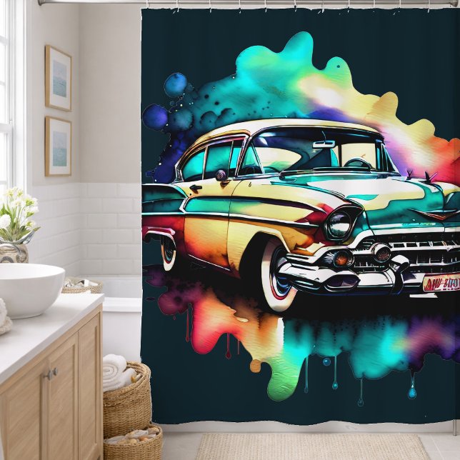 Rideaux De Douche Voiture Vintage Peinture Aquarelle (Créateur téléchargé)