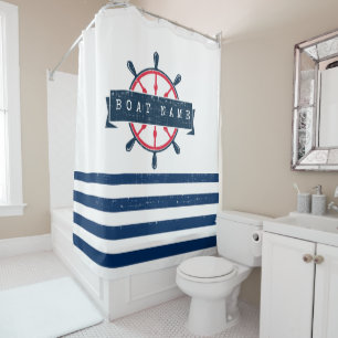 Rideaux De Douche Volant de bateau nautique, rayures bleu marine
