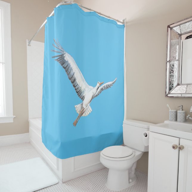 Rideaux De Douche Voler cigogne blanche - arrière - plan bleu (En situation)
