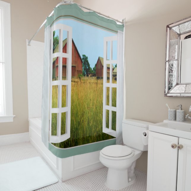 Rideaux De Douche Vue de fenêtre des granges dans le pâturage (En situation)