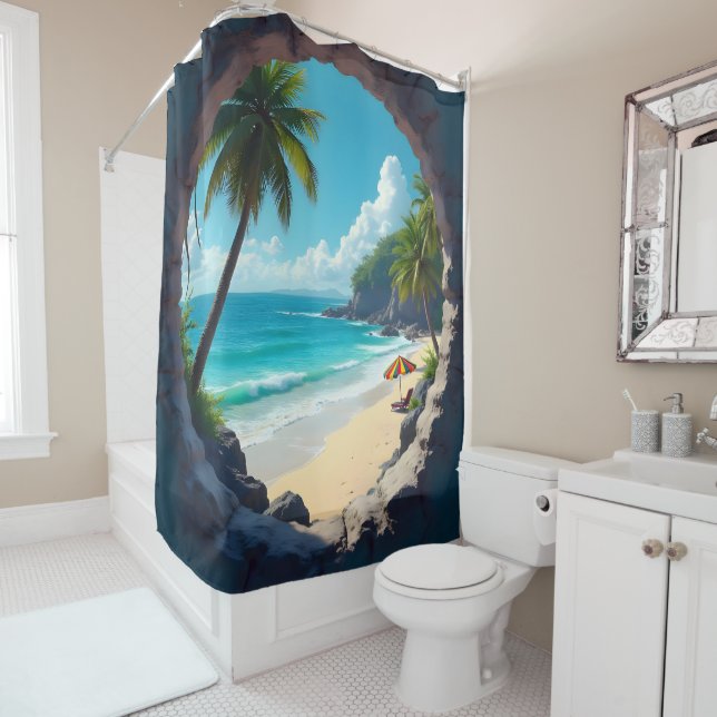 Rideaux De Douche Vue de trou clé du soleil éclaboussée plage et océ (En situation)