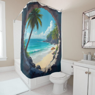 Rideaux De Douche Vue trou de serrure de la plage éclaboussée de sol