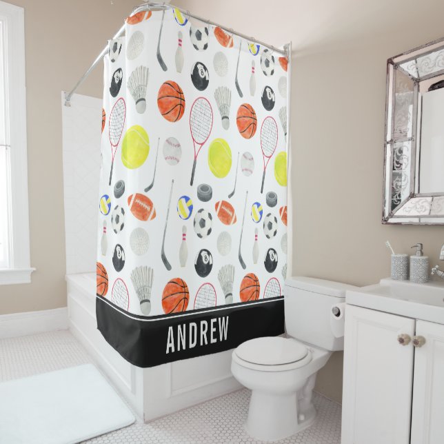 Rideaux De Douche Watercolor Multi Sport Motif Balls Enfant Nom du g (En situation)