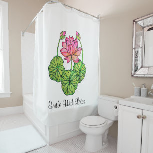 Rideaux De Douche Watercolor Pink Lotus with Buds & Leaves