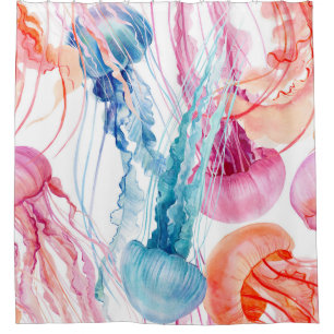 Rideaux De Douche Watercolor Sea Life : Bubbles & Jellyfish