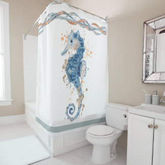 Rideaux De Douche Watercolor Seahorse peach marine bleu marine