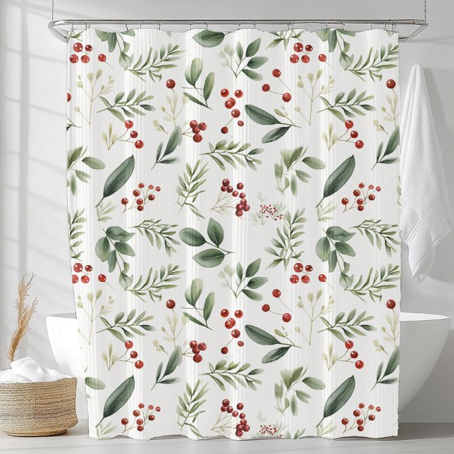 Rideaux De Douche Watercolor Winter Greenery & Red Berry Botanical (Watercolor Winter Greenery & Red Berry Botanical Shower Curtain)