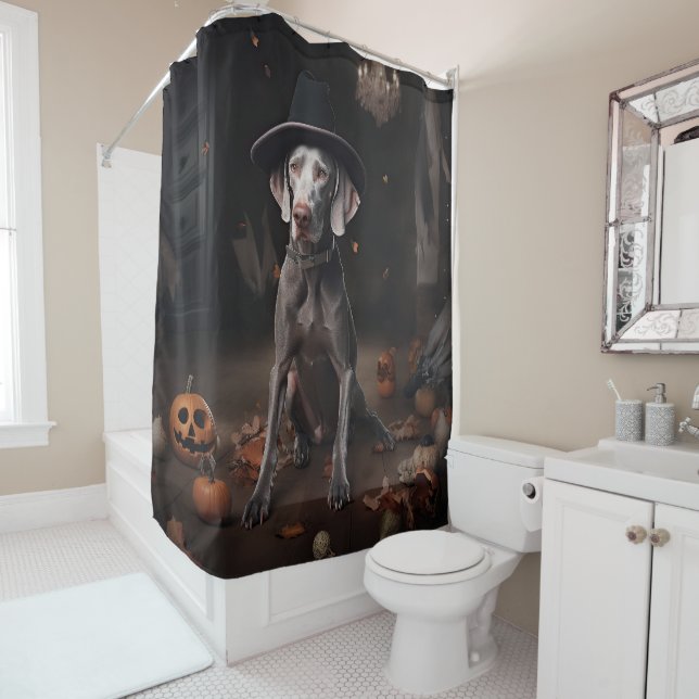 Rideaux De Douche Weimaraner Citrouilles Halloween effrayant (En situation)