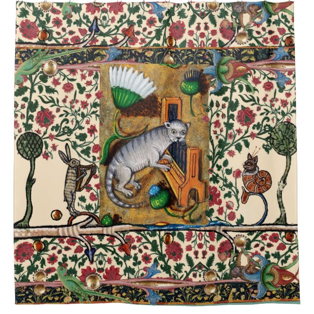 RIDEAUX DE DOUCHE WEIRD MÉDIÉVAL BESTIAIRE MUSIQUE, CAT JOUER ORGE (Devant)